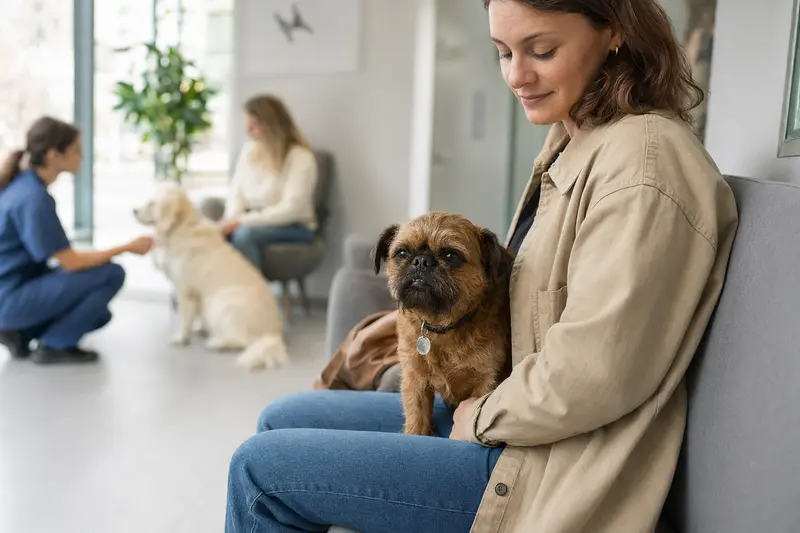 Kleiner Brabanter Hund sitzt ruhig neben seinem Besitzer im hellen Wartezimmer einer modernen Tierarztpraxis.